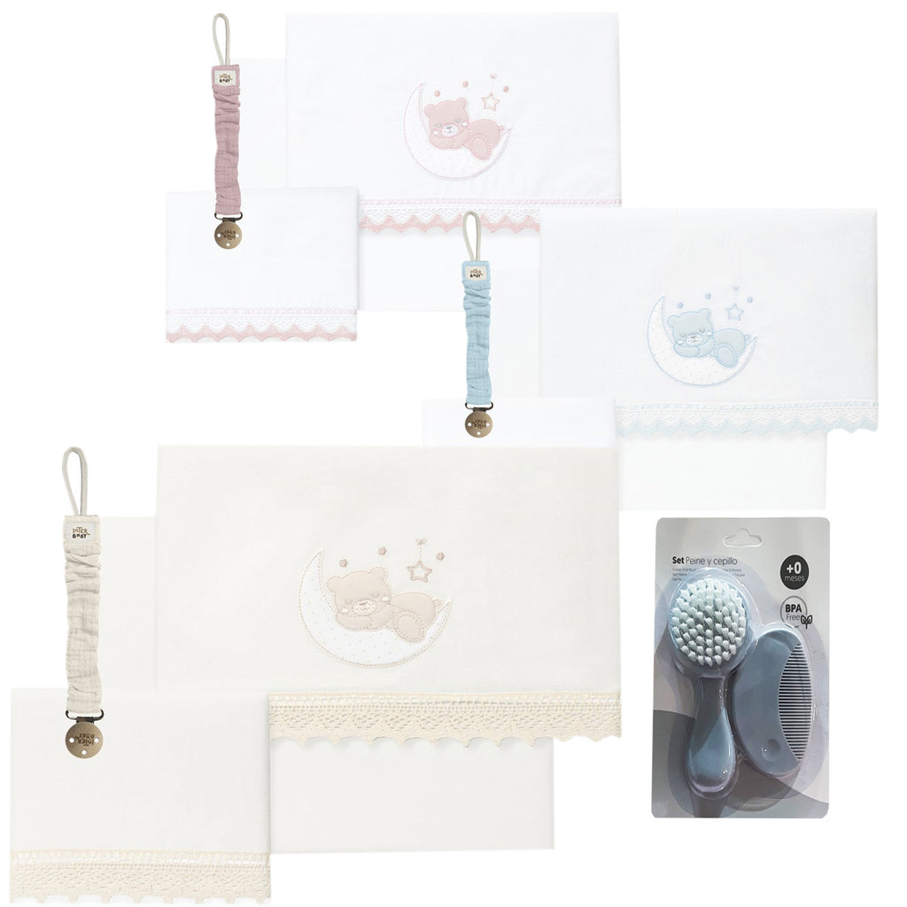SET  DE SABANAS CUNA OSO LUNA GUIPUR DON ALGODON +REGALO