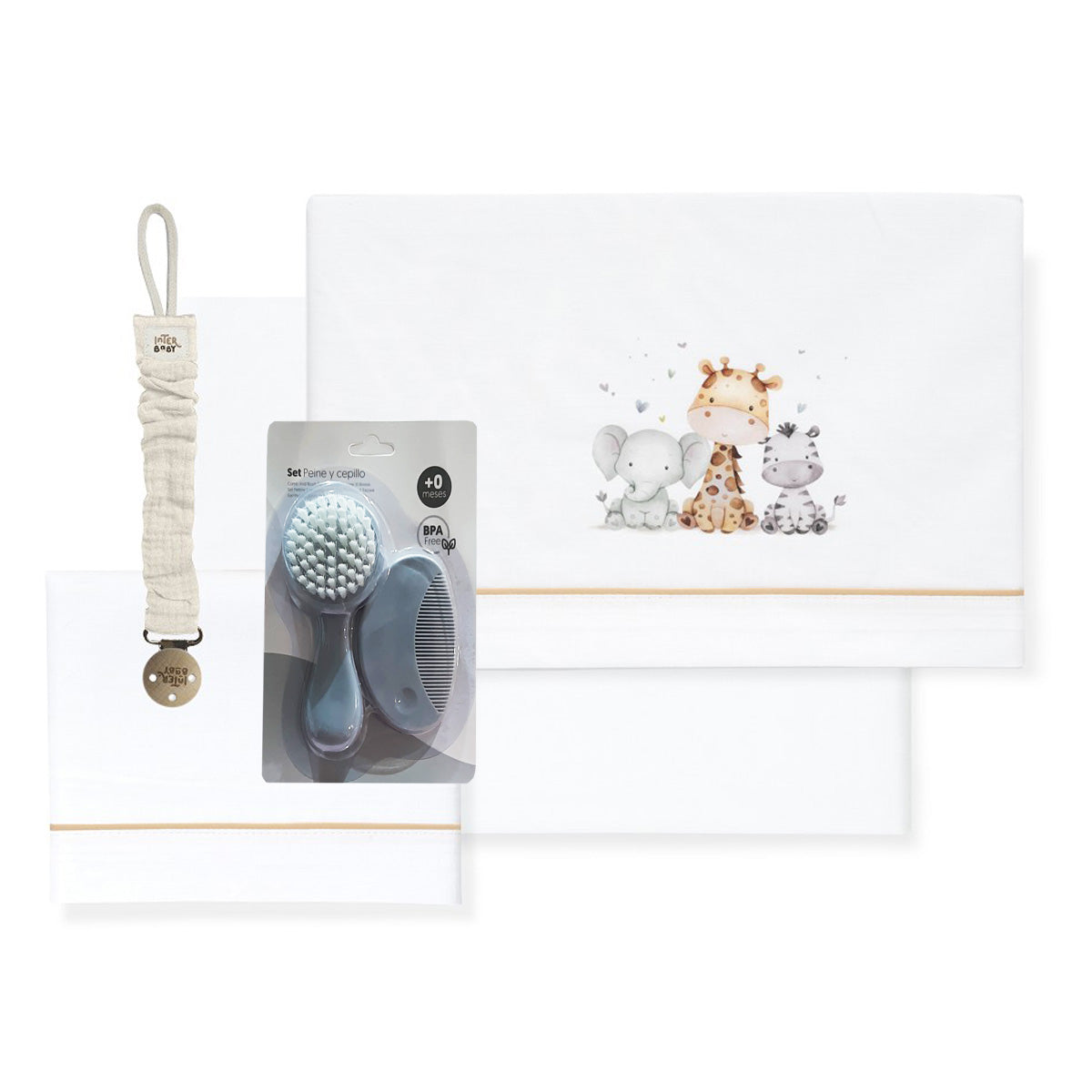 SET DE SABANAS CUNA+REGALO JIRAFA ELEFANTE. INTERBABY