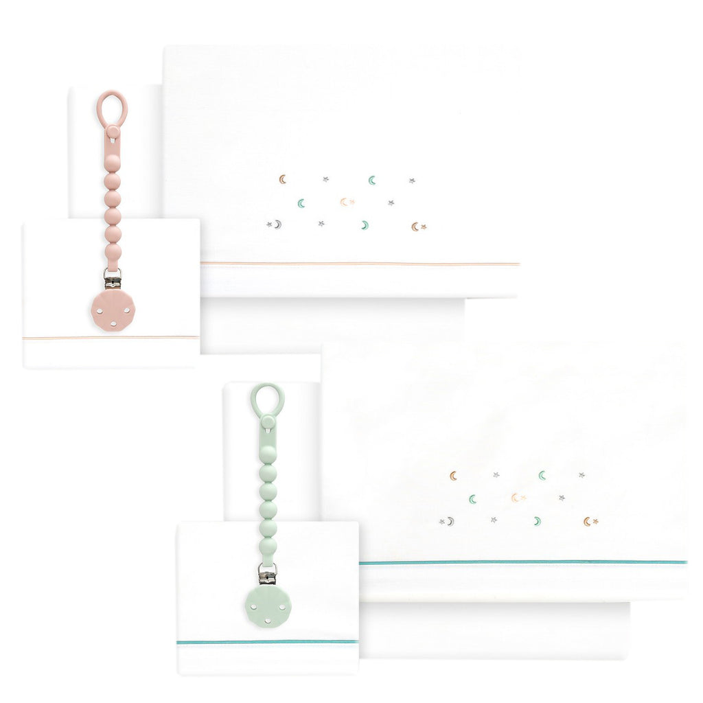 SET DE SABANAS CUNA ESTRELLA LUNA + CHUPETE INTERBABY — BLANCO/VERDE