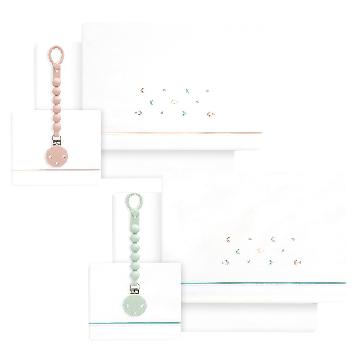 SET DE SABANAS CUNA ESTRELLA LUNA + CHUPETE INTERBABY — BLANCO/VERDE
