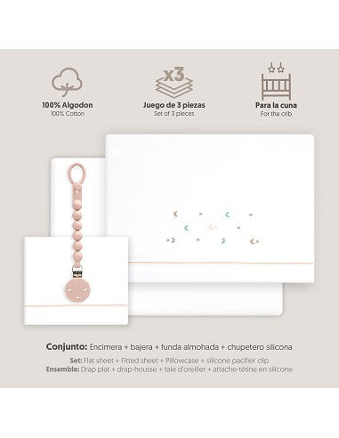 SET DE SABANAS CUNA ESTRELLA LUNA + CHUPETE INTERBABY — BLANCO/VERDE