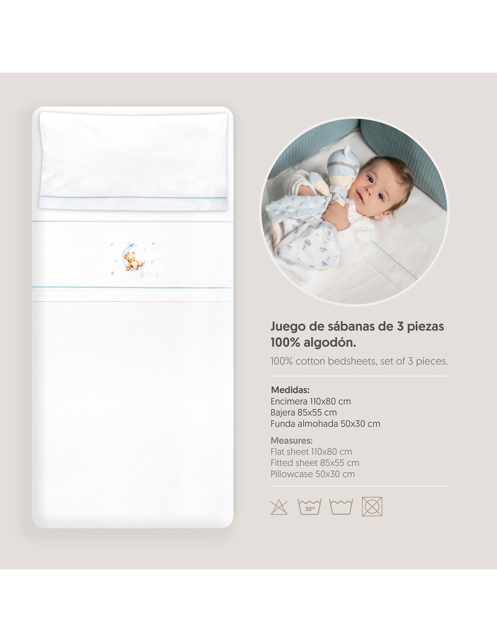 SET DE SABANAS MINICUNA OSO LUNA ESTRELLAS. INTERBABY