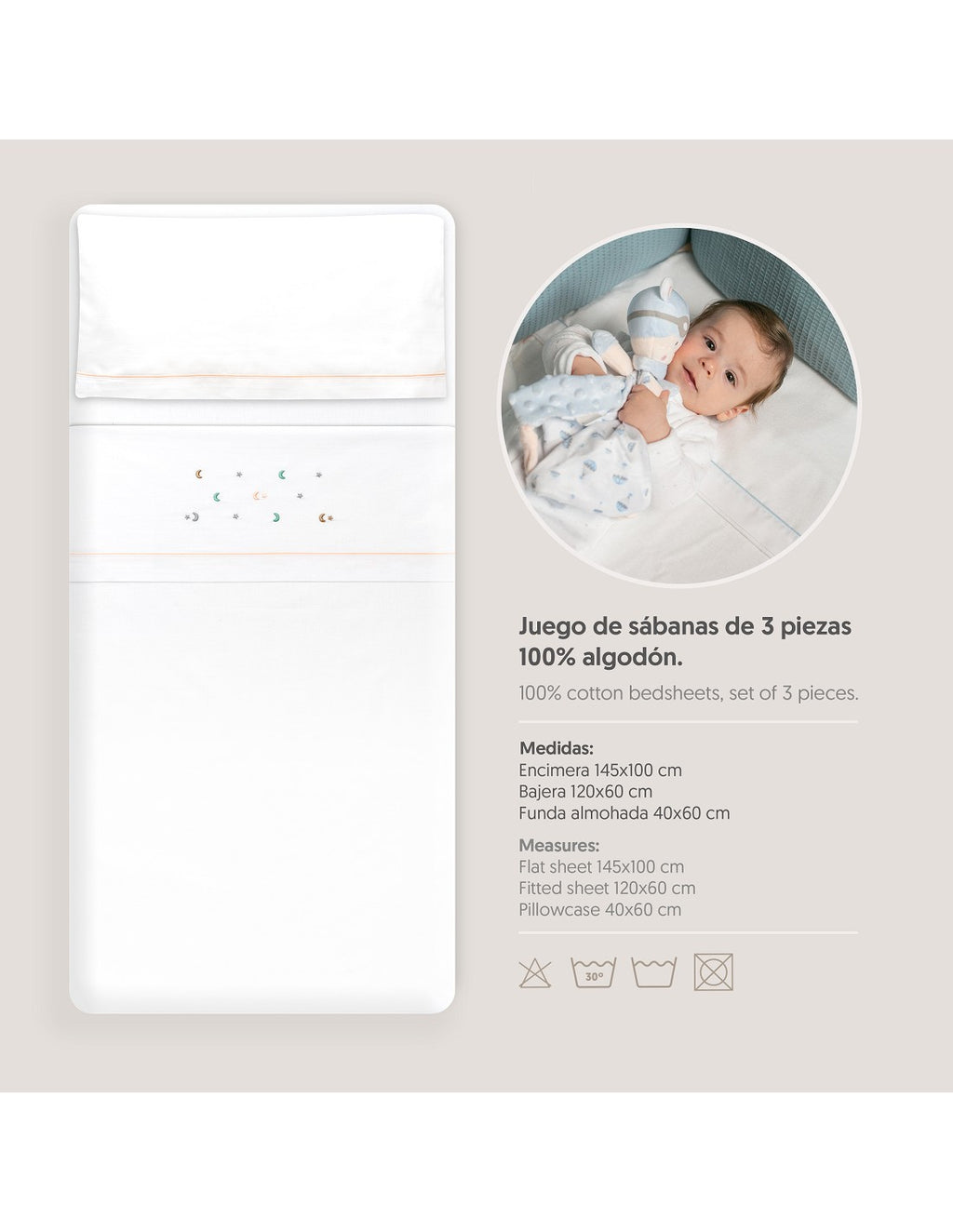 SET DE SABANAS CUNA ESTRELLA LUNA + CHUPETE INTERBABY — BLANCO/VERDE