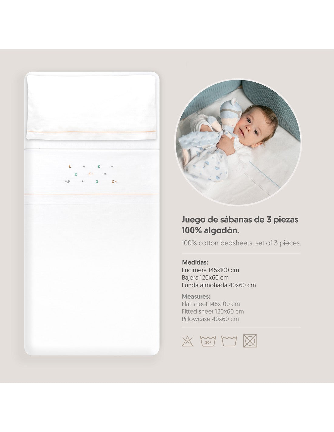 SET DE SABANAS CUNA ESTRELLA LUNA + CHUPETE INTERBABY — BLANCO/VERDE