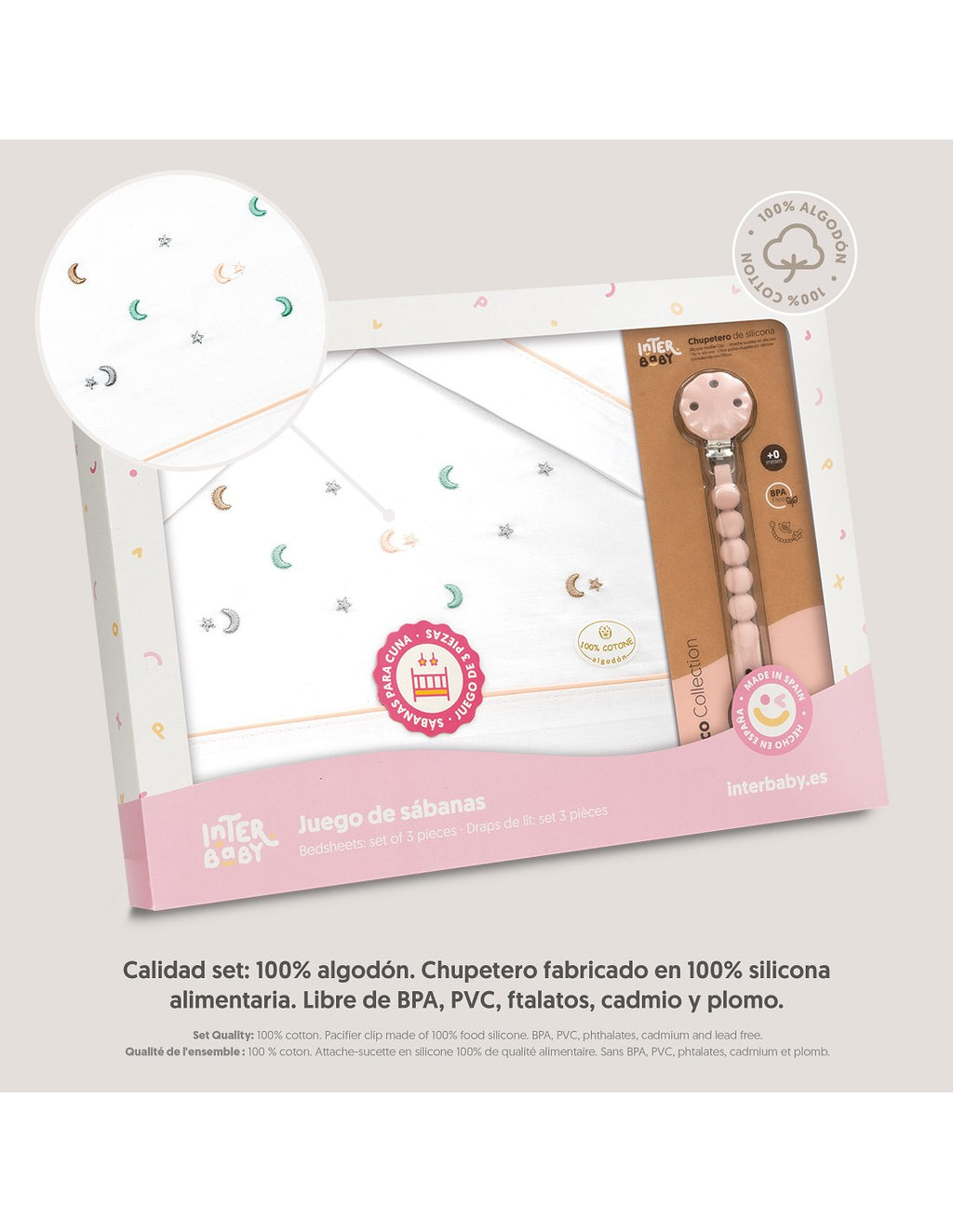 SET DE SABANAS CUNA ESTRELLA LUNA + CHUPETE INTERBABY — BLANCO/VERDE