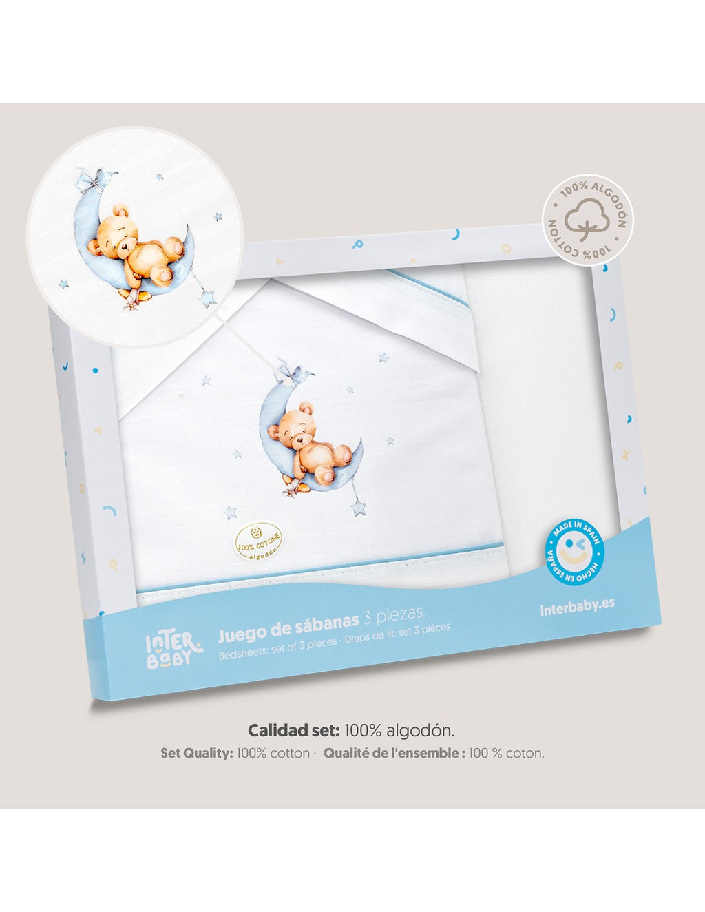 SET DE SABANAS MINICUNA OSO LUNA ESTRELLAS. INTERBABY