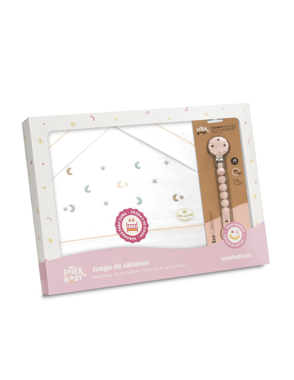 SET DE SABANAS CUNA ESTRELLA LUNA + CHUPETE INTERBABY — BLANCO/VERDE