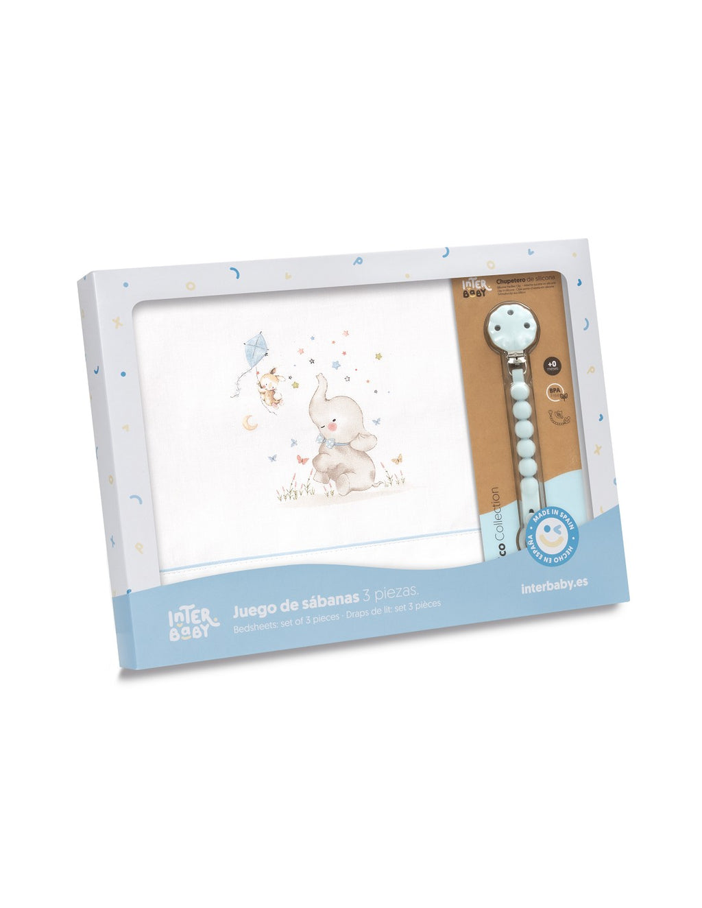 SET DE SABANAS  CUNA ELEFANTE +CHUPETERO INTERBABY