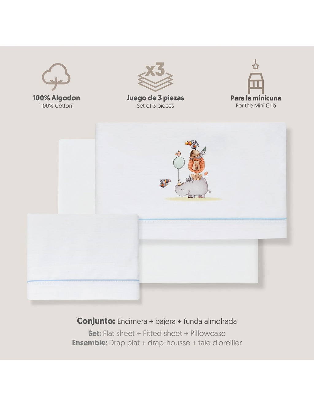 SET DE  SABANAS CUNA RINO LEON+CHUPETERO INTERBABY