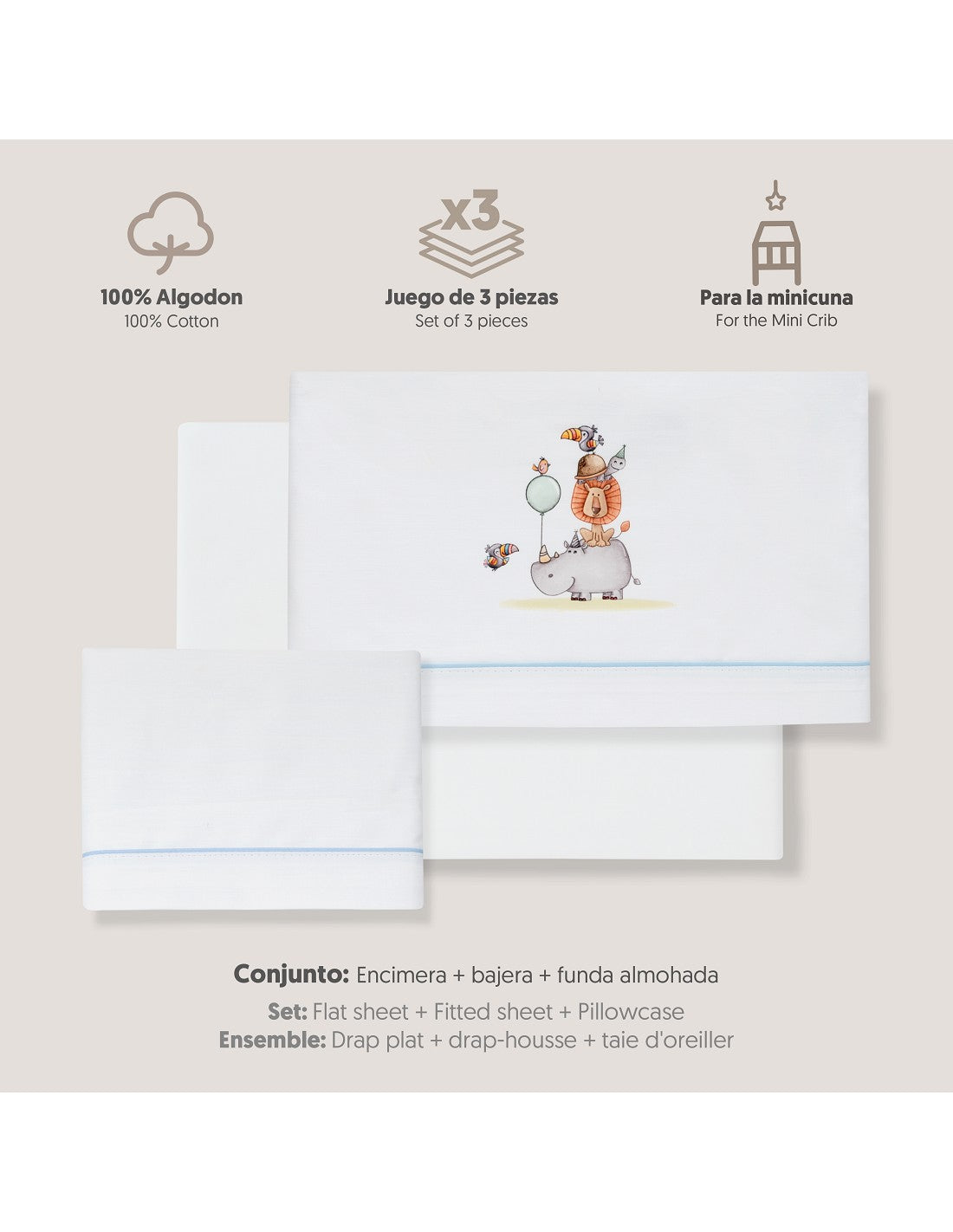 SET DE  SABANAS CUNA RINO LEON+CHUPETERO INTERBABY