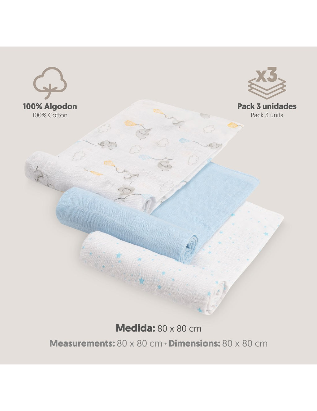 PACK DE 3 GASAS PARA BEBE FANTASIA INTERBABY (80X80)
