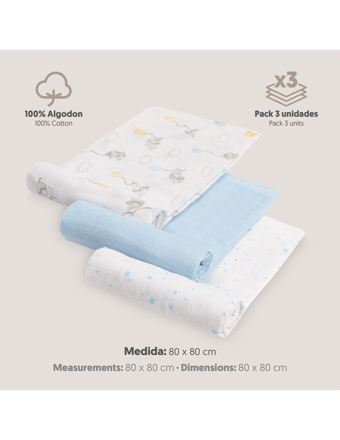 PACK DE 3 GASAS PARA BEBE FANTASIA INTERBABY (80X80)