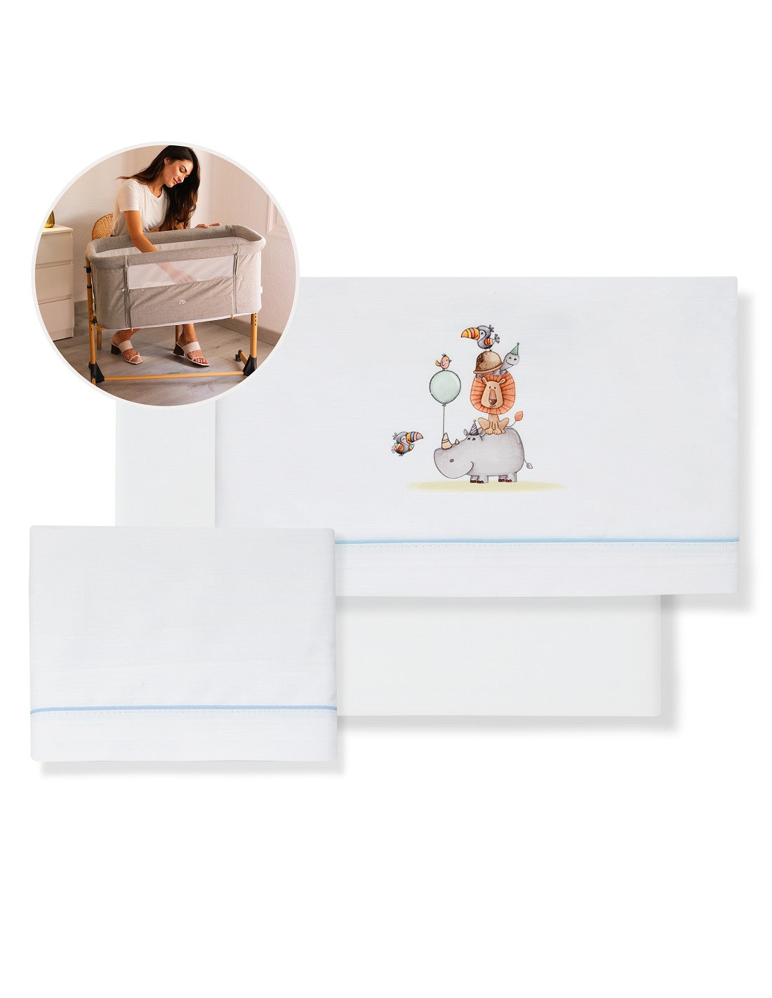SET DE  SABANAS CUNA RINO LEON+CHUPETERO INTERBABY