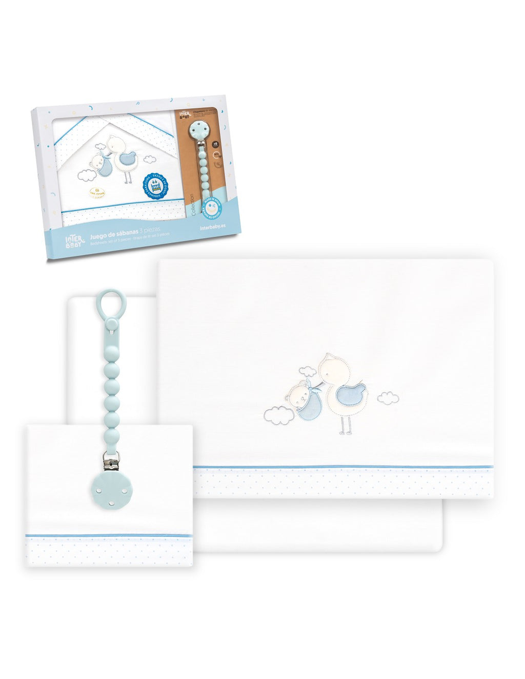 SET DE SABANAS CUNA CIGÜEÑA OSO +CHUPETERO