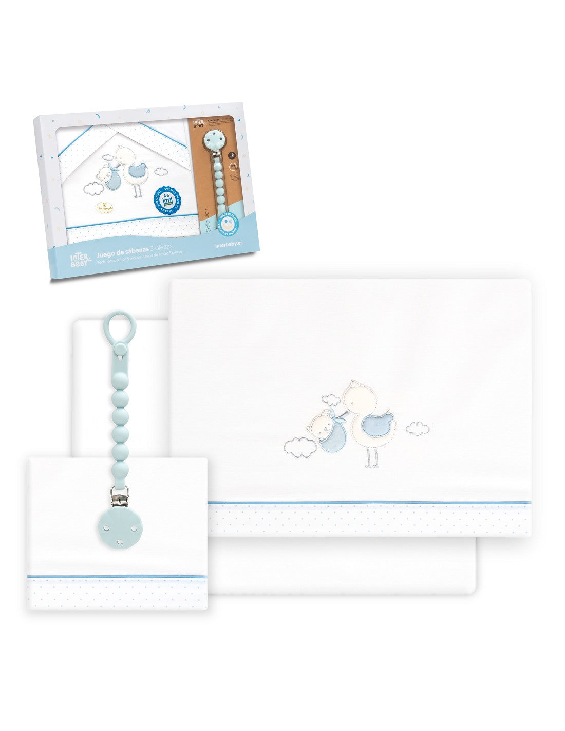 SET DE SABANAS CUNA CIGÜEÑA OSO +CHUPETERO
