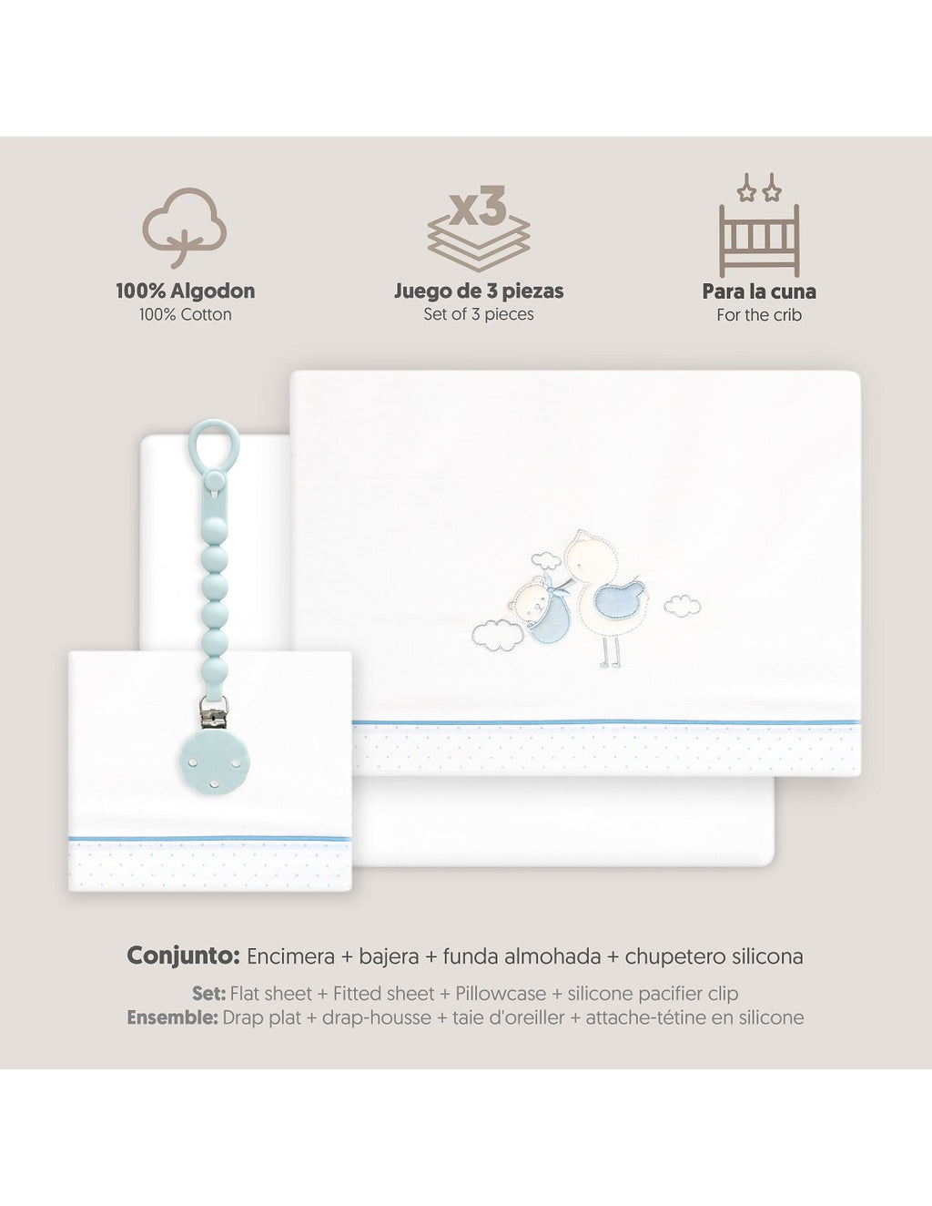 SET DE SABANAS CUNA CIGÜEÑA OSO +CHUPETERO
