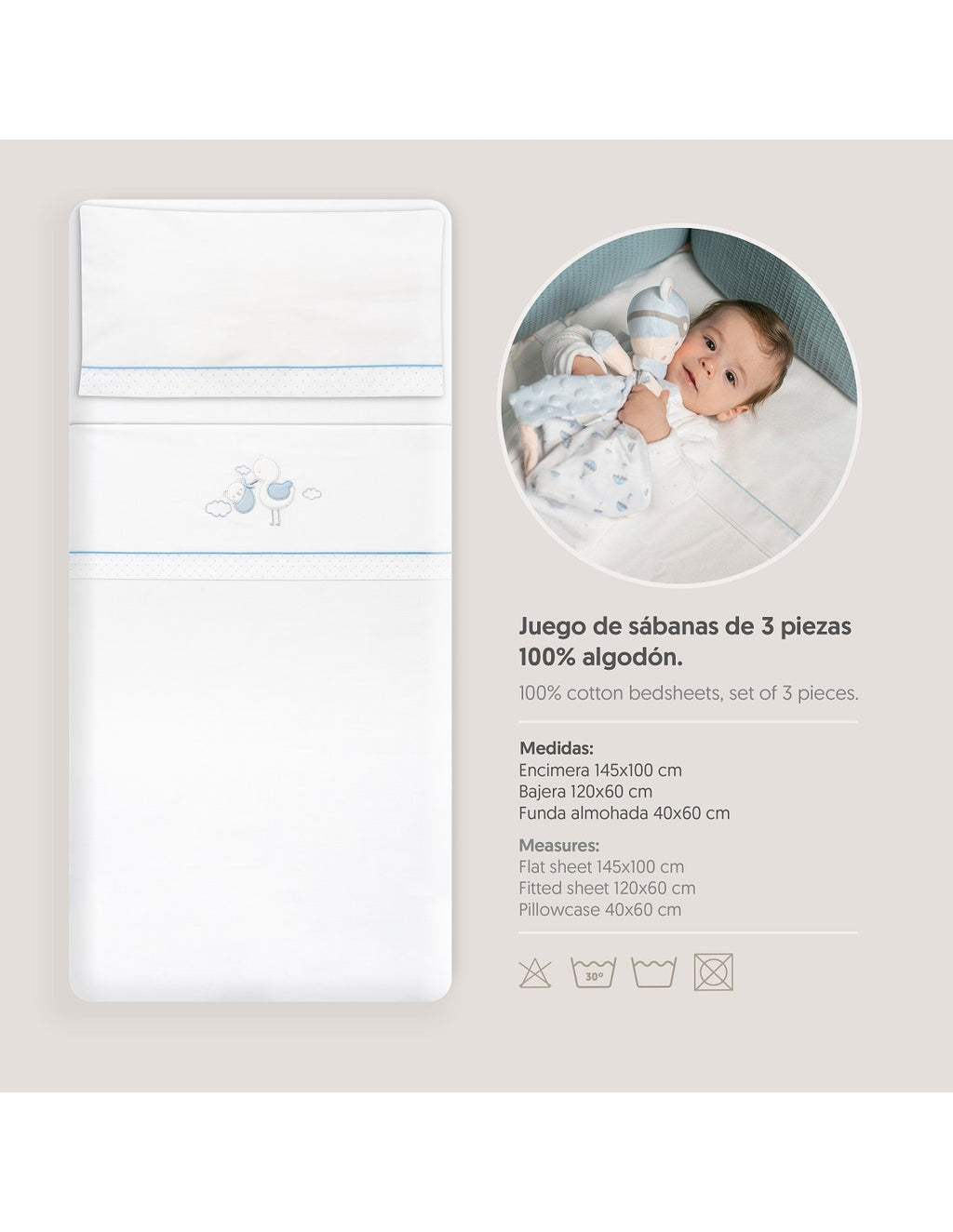 SET DE SABANAS CUNA CIGÜEÑA OSO +CHUPETERO