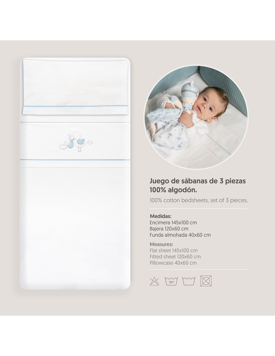 SET DE SABANAS CUNA CIGÜEÑA OSO +CHUPETERO