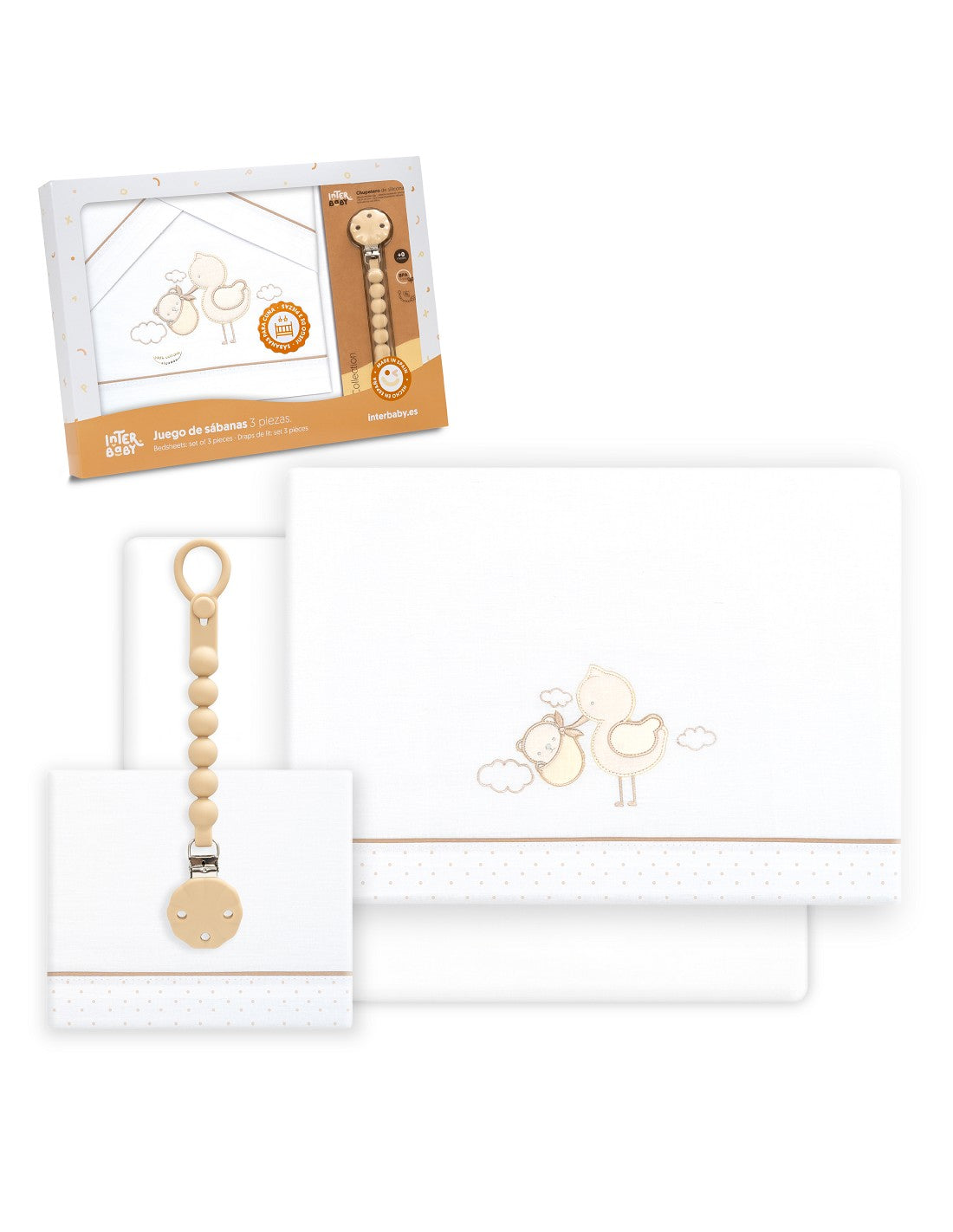 SET DE SABANAS CUNA CIGÜEÑA OSO +CHUPETERO