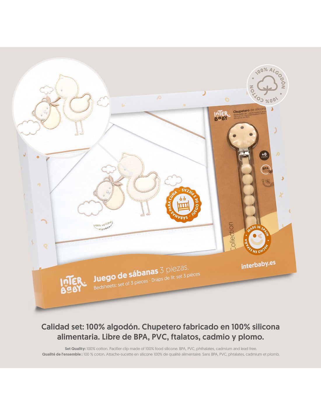 SET DE SABANAS CUNA CIGÜEÑA OSO +CHUPETERO