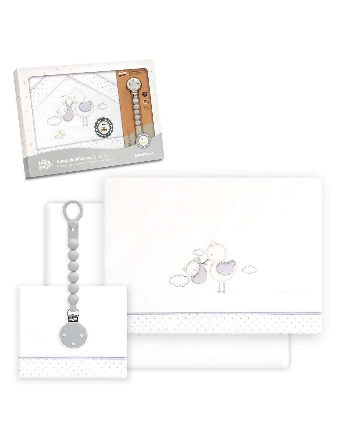 SET DE SABANAS CUNA CIGÜEÑA OSO +CHUPETERO
