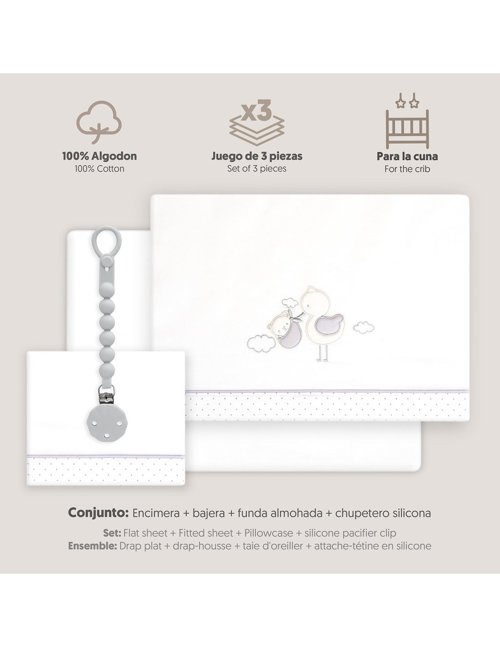 SET DE SABANAS CUNA CIGÜEÑA OSO +CHUPETERO