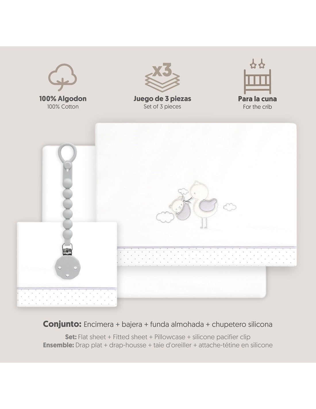 SET DE SABANAS CUNA CIGÜEÑA OSO +CHUPETERO
