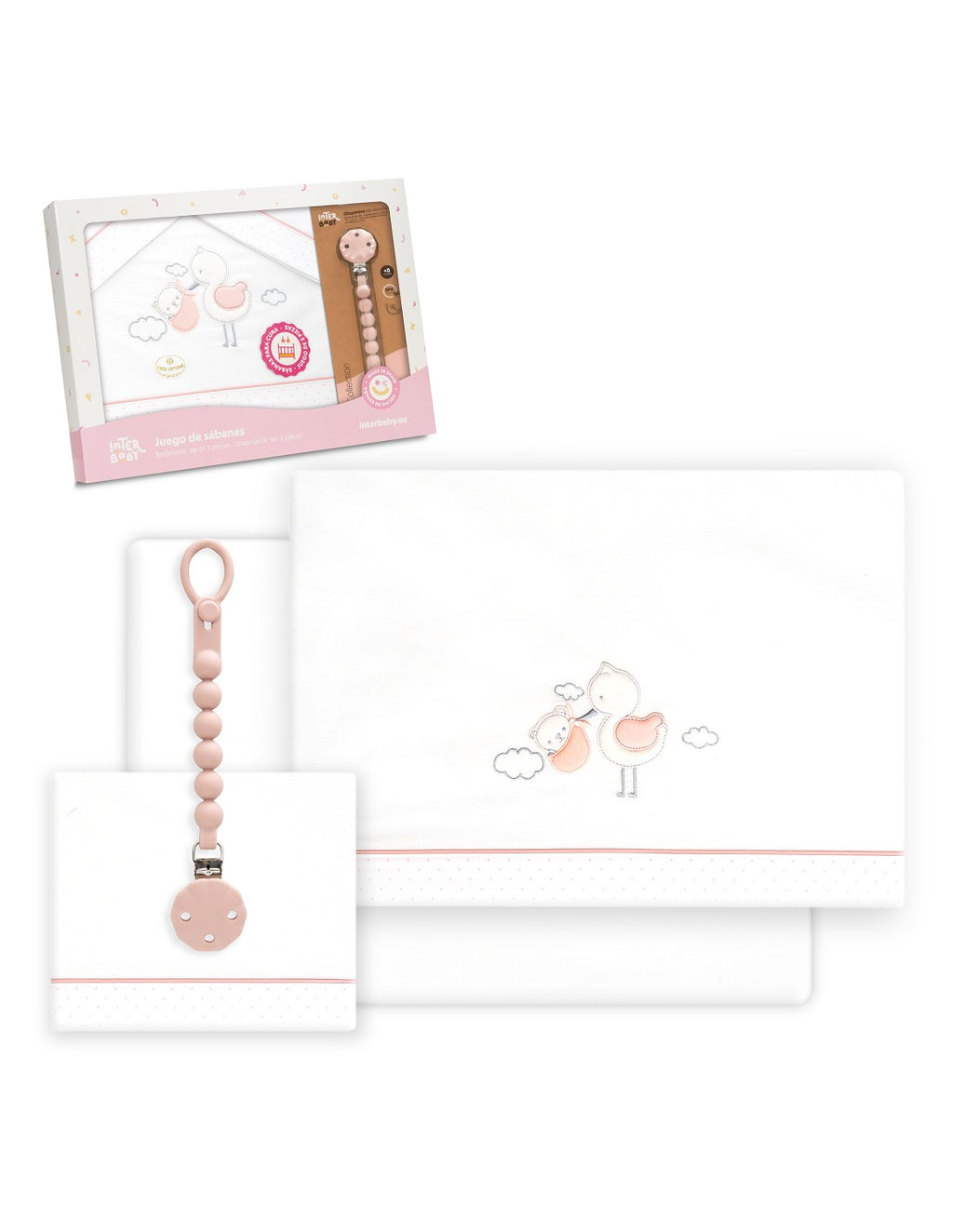 SET DE SABANAS CUNA CIGÜEÑA OSO +CHUPETERO