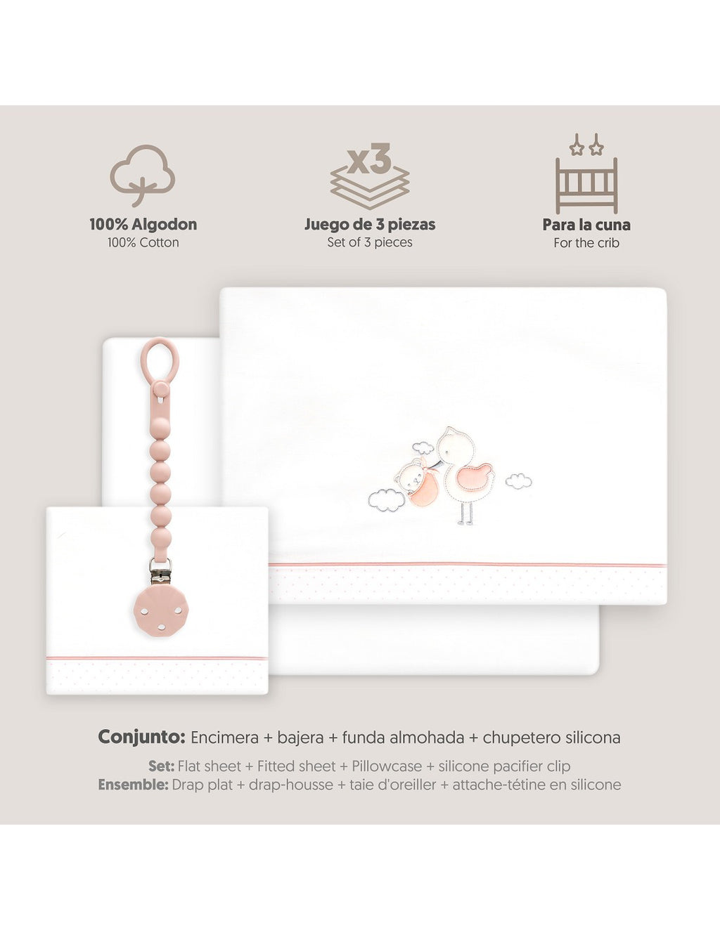 SET DE SABANAS CUNA CIGÜEÑA OSO +CHUPETERO