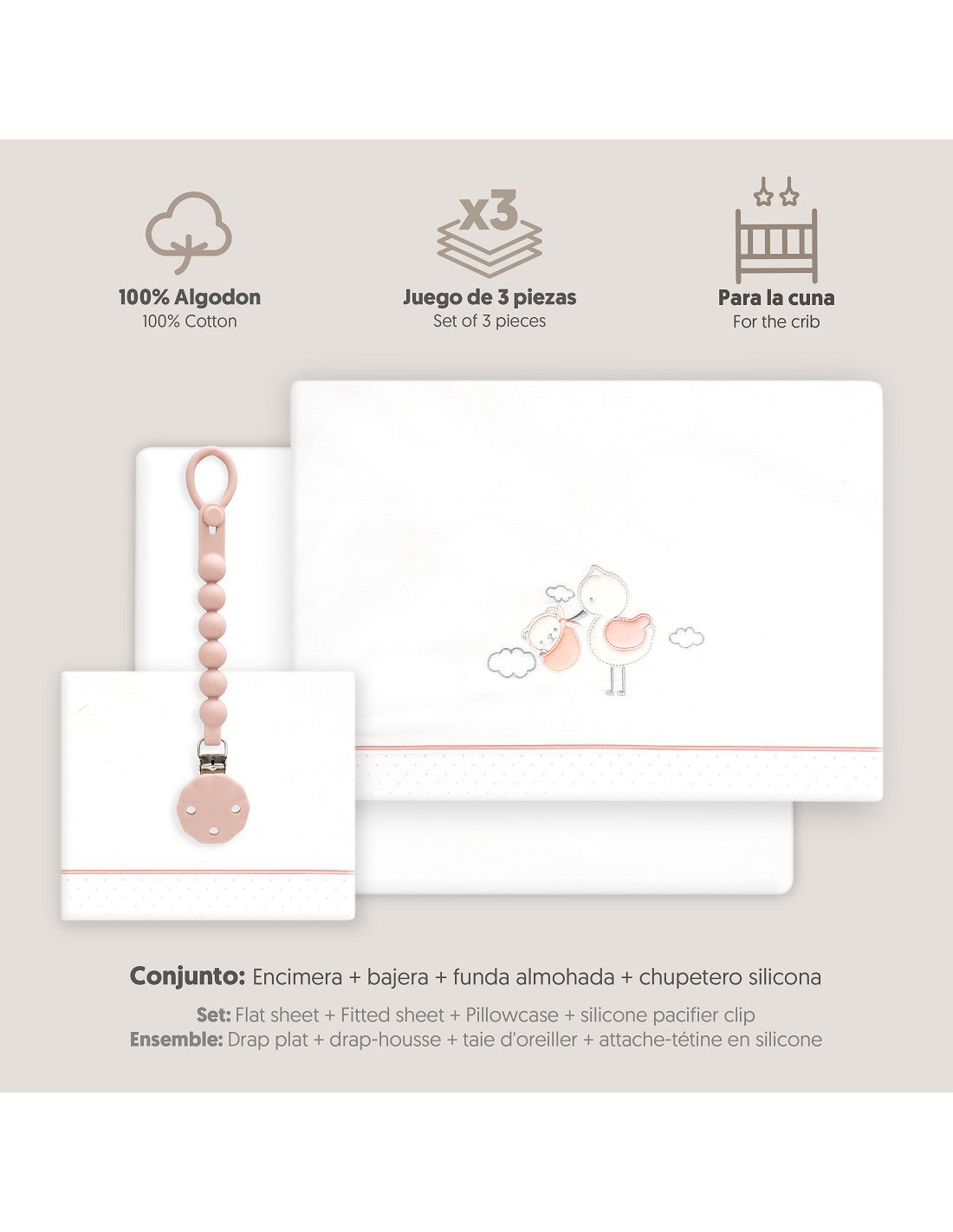 SET DE SABANAS CUNA CIGÜEÑA OSO +CHUPETERO