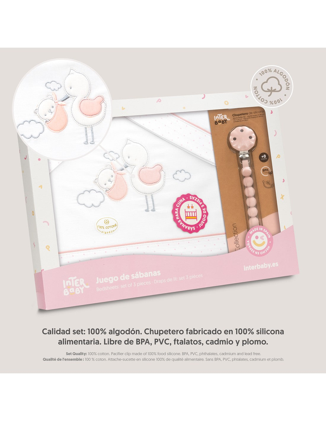 SET DE SABANAS CUNA CIGÜEÑA OSO +CHUPETERO