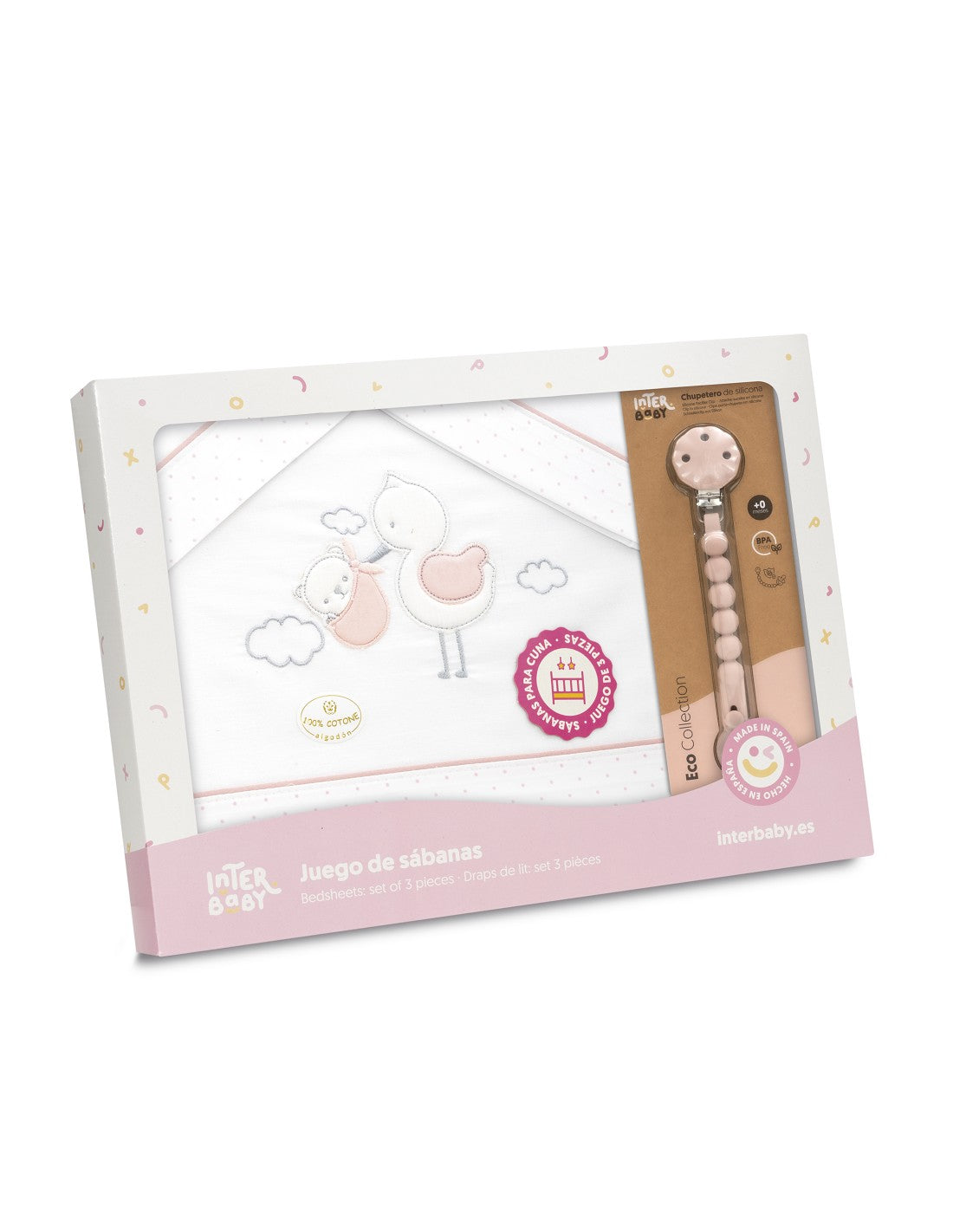 SET DE SABANAS CUNA CIGÜEÑA OSO +CHUPETERO
