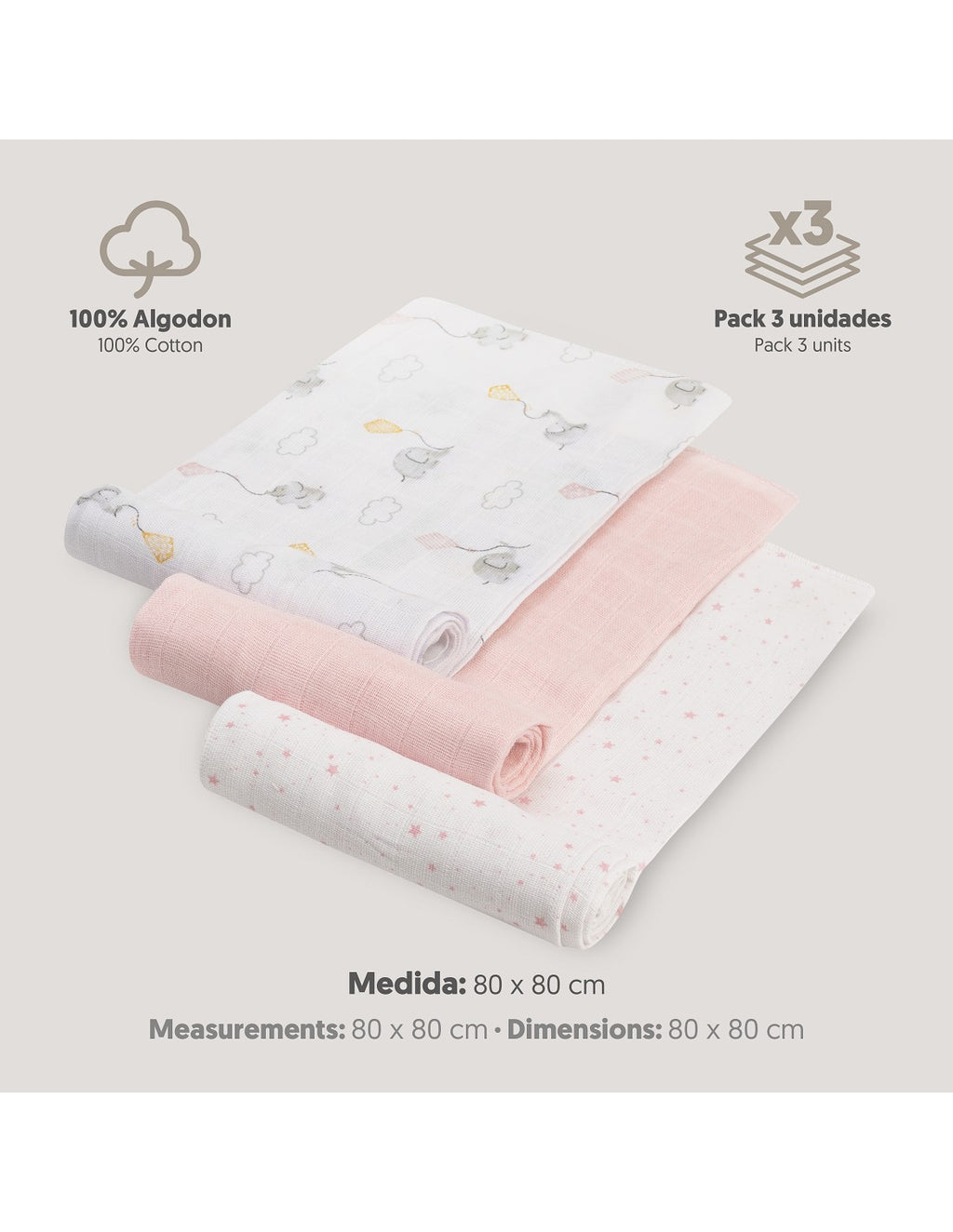 PACK DE 3 GASAS PARA BEBE FANTASIA INTERBABY (80X80)