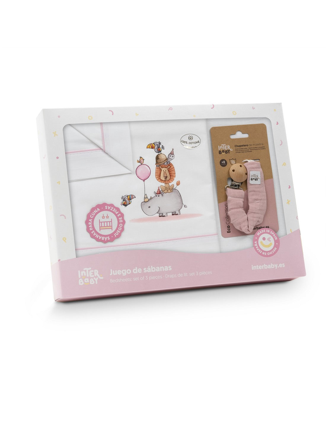 SET DE  SABANAS CUNA RINO LEON+CHUPETERO INTERBABY