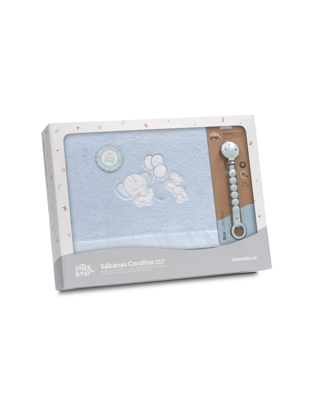 SET DE SABANAS CUNA CORALINA OSO ELEFANTES CON GLOBOS+ CHUPETERO INTERBABY