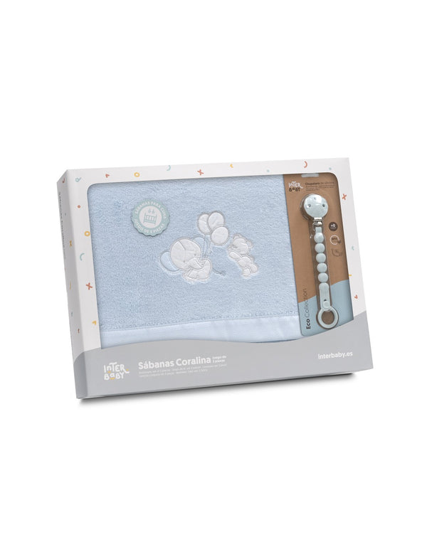 SET DE SABANAS CUNA CORALINA OSO ELEFANTES CON GLOBOS+ CHUPETERO INTERBABY