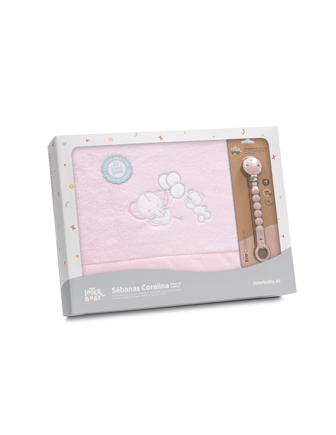 SET DE SABANAS CUNA CORALINA OSO ELEFANTES CON GLOBOS+ CHUPETERO INTERBABY