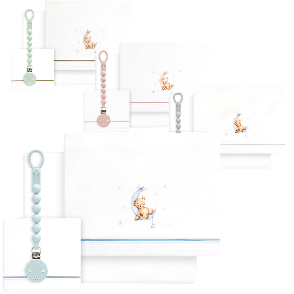 SET DE  SABANAS CUNA+CHUPETERO OSO LUNA INTERBABY — BLANCO/AZUL