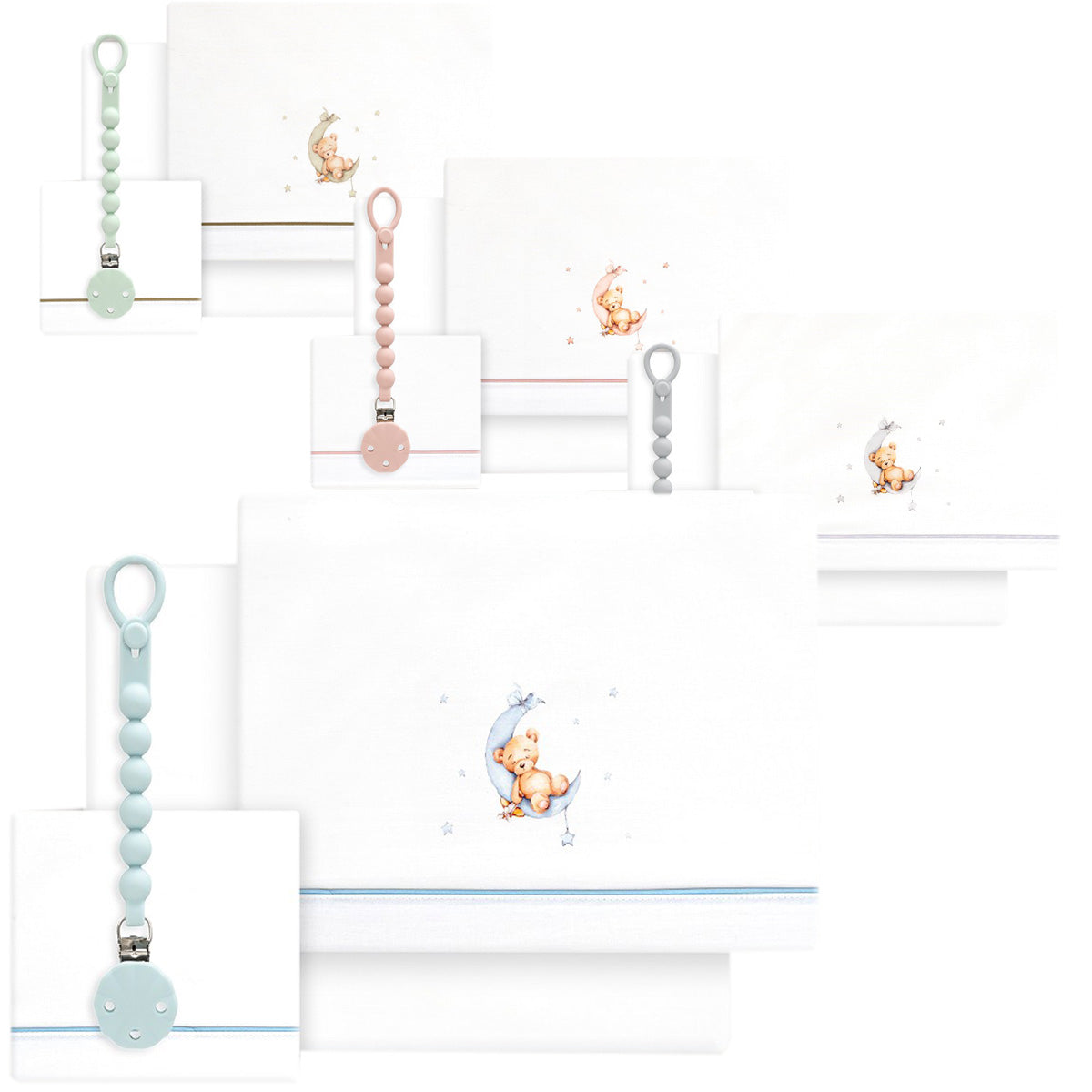 SET DE  SABANAS CUNA+CHUPETERO OSO LUNA INTERBABY — BLANCO/AZUL