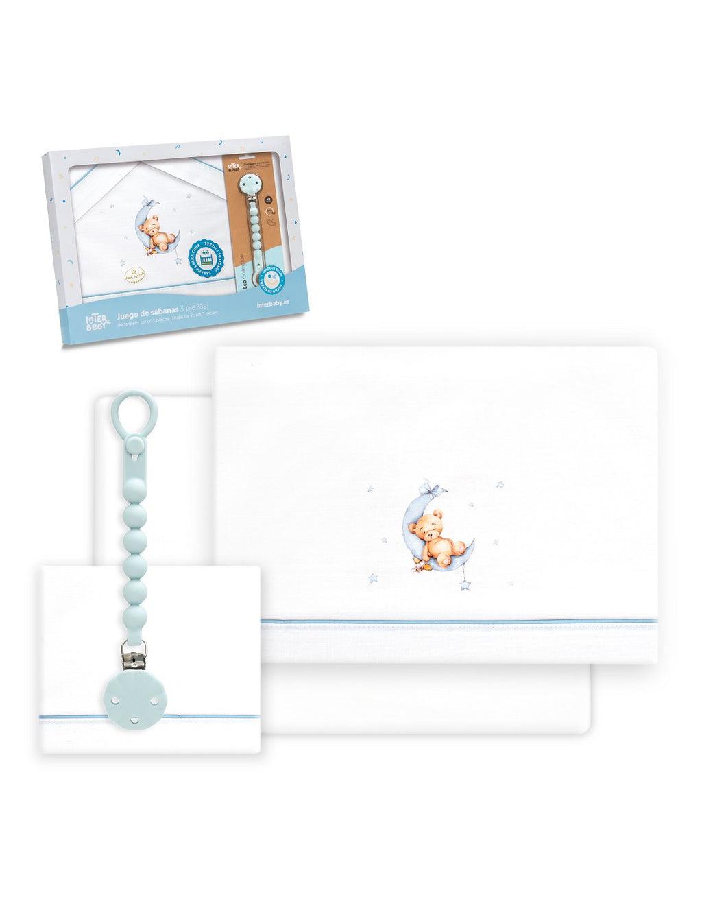 SET DE  SABANAS CUNA+CHUPETERO OSO LUNA INTERBABY — BLANCO/AZUL