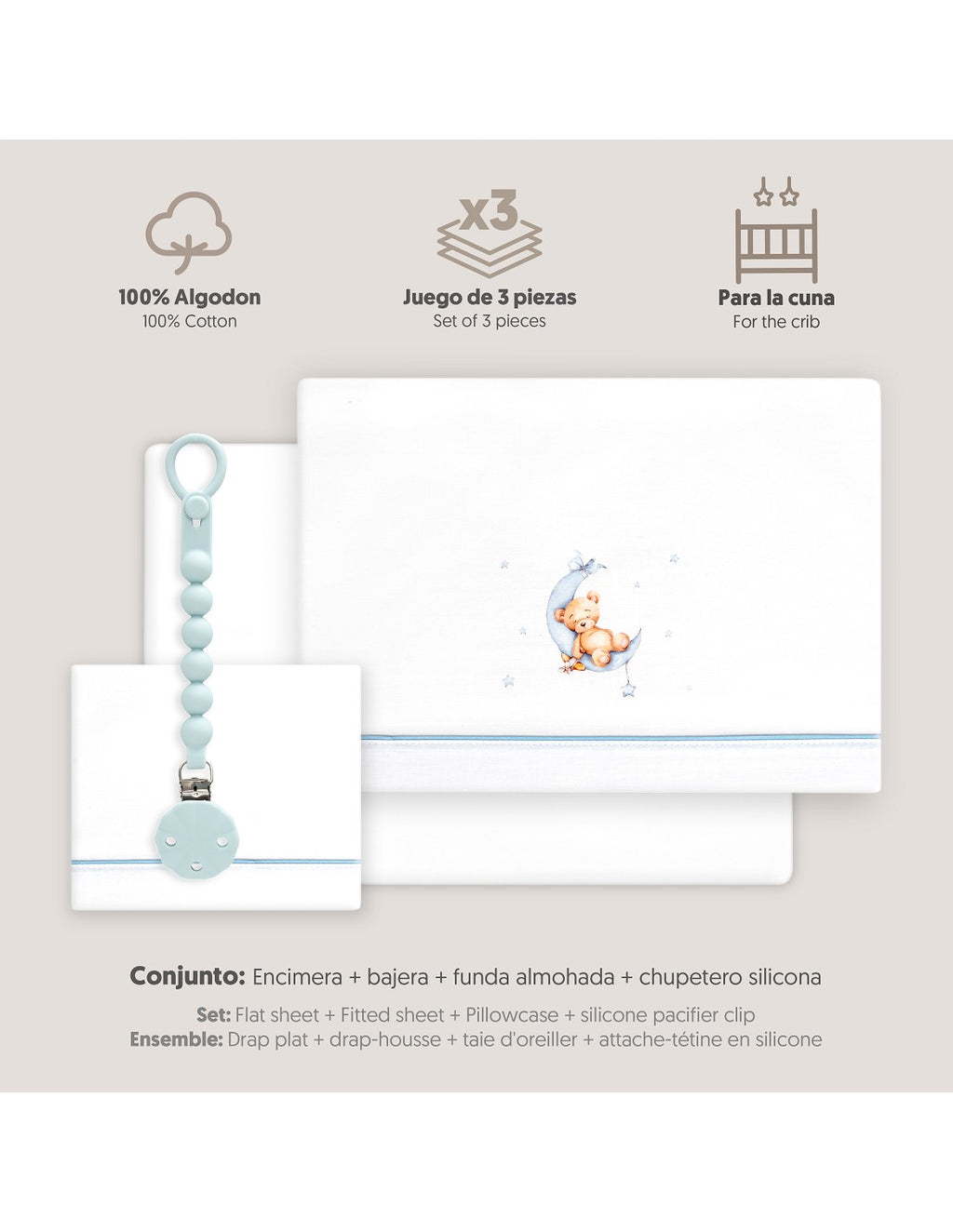 SET DE  SABANAS CUNA+CHUPETERO OSO LUNA INTERBABY — BLANCO/AZUL