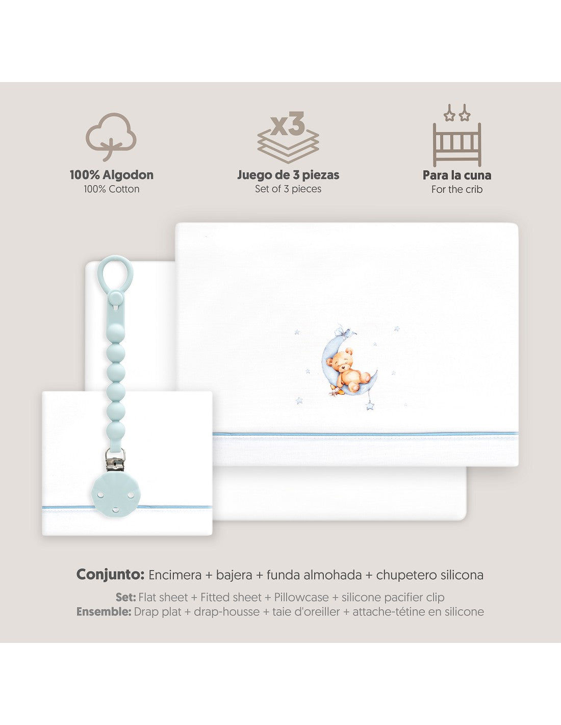 SET DE  SABANAS CUNA+CHUPETERO OSO LUNA INTERBABY — BLANCO/AZUL
