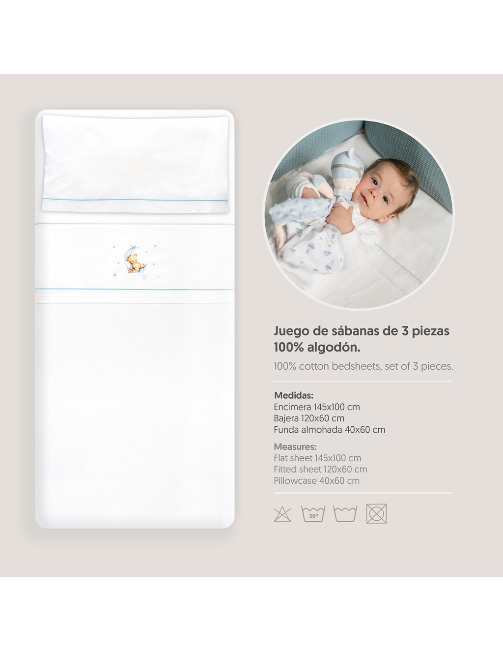 SET DE  SABANAS CUNA+CHUPETERO OSO LUNA INTERBABY — BLANCO/AZUL