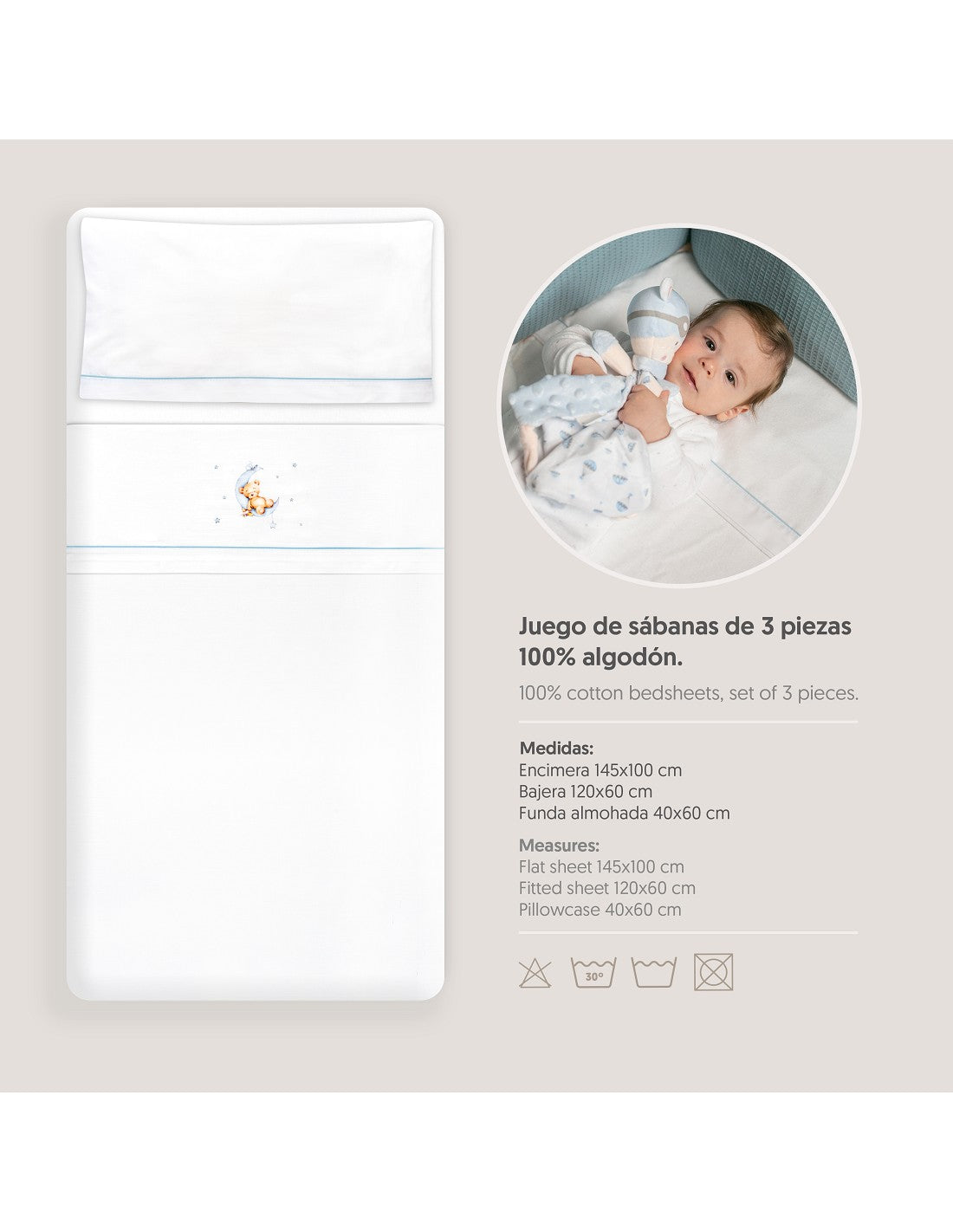 SET DE  SABANAS CUNA+CHUPETERO OSO LUNA INTERBABY — BLANCO/AZUL