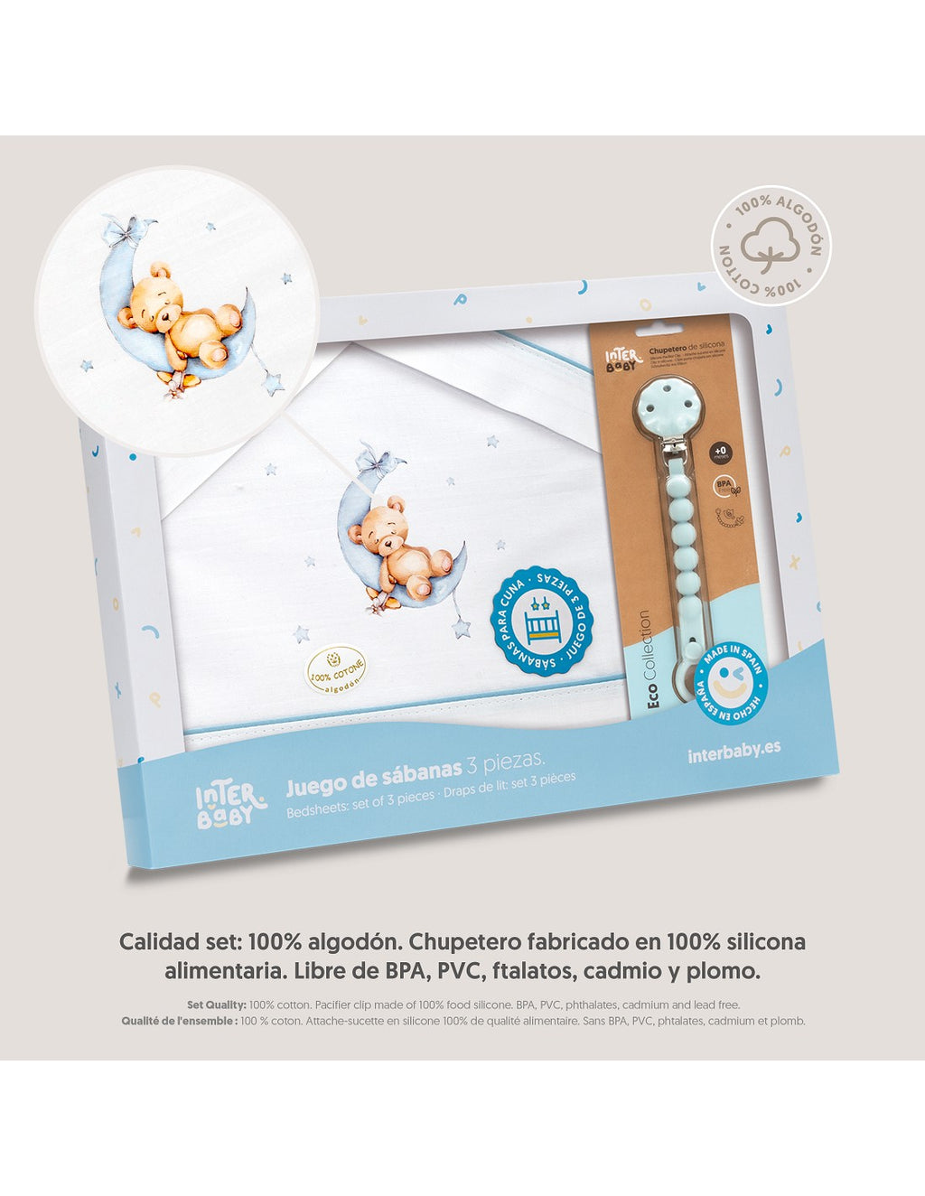 SET DE  SABANAS CUNA+CHUPETERO OSO LUNA INTERBABY — BLANCO/AZUL