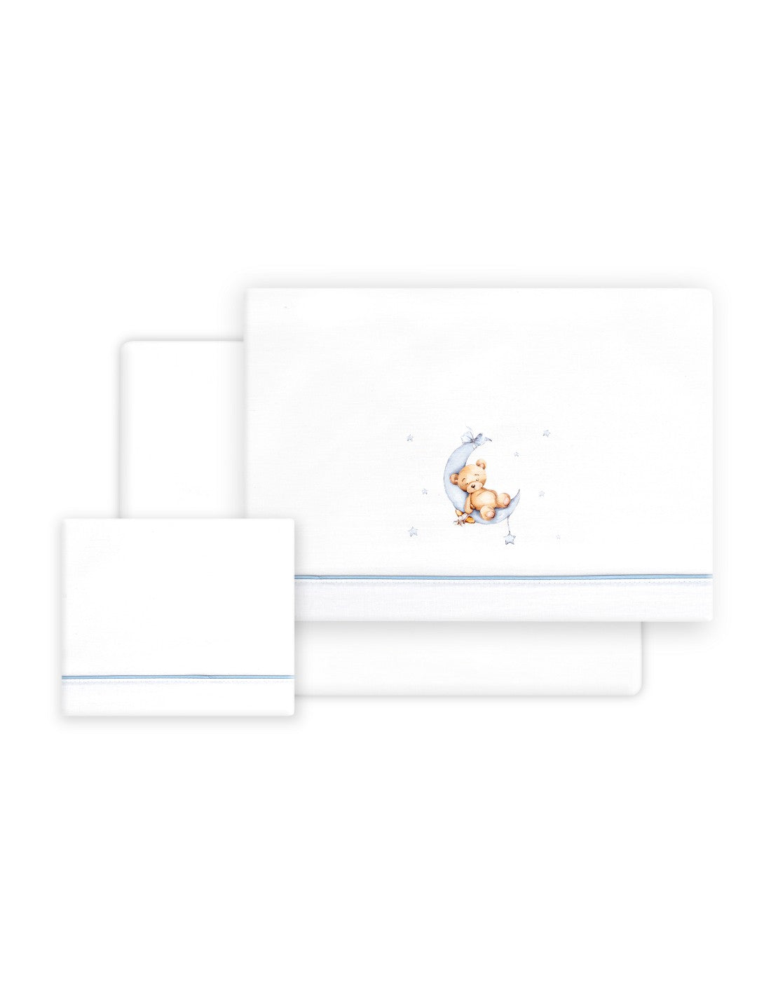SET DE  SABANAS CUNA+CHUPETERO OSO LUNA INTERBABY — BLANCO/AZUL