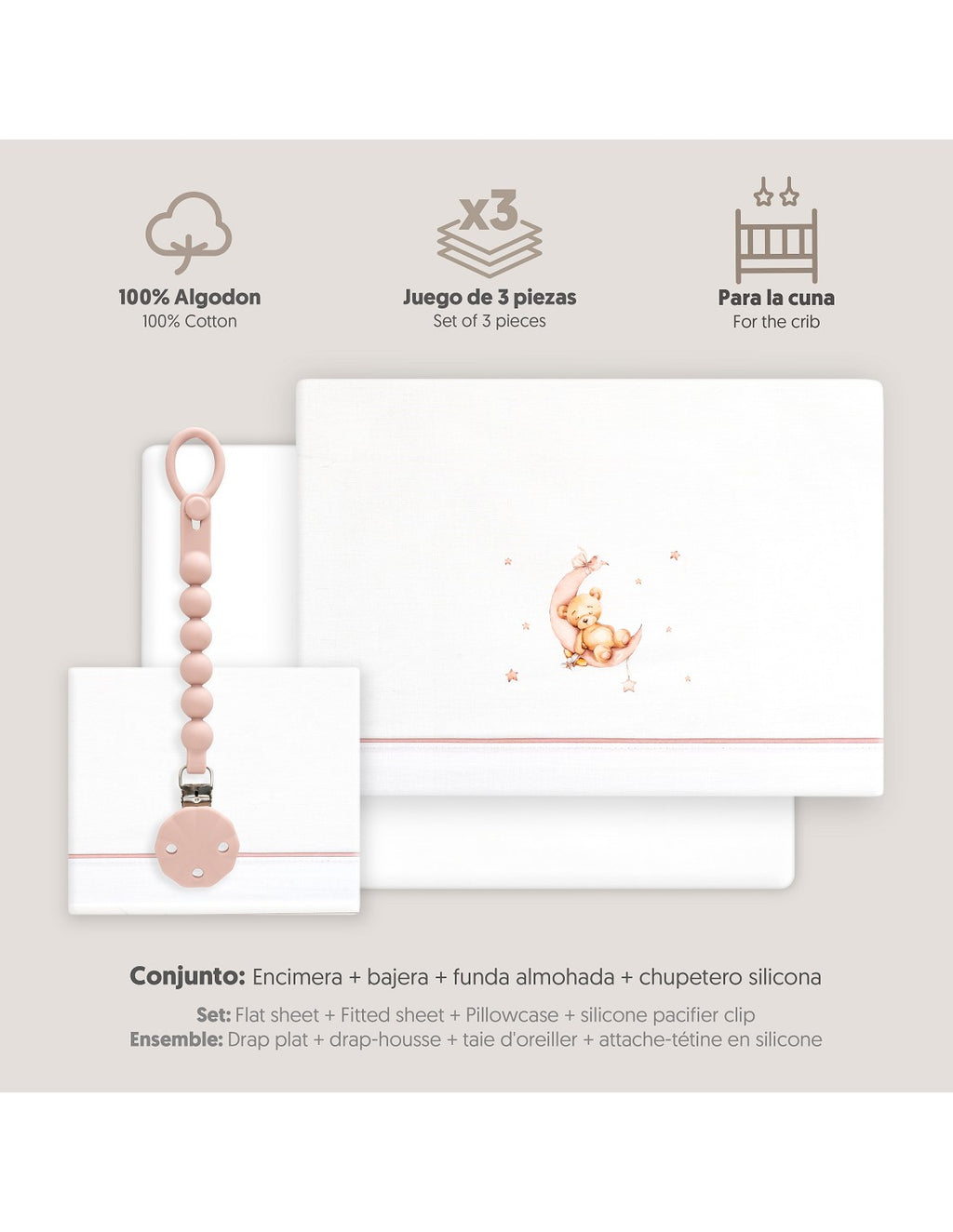 SET DE  SABANAS CUNA+CHUPETERO OSO LUNA INTERBABY — BLANCO/AZUL