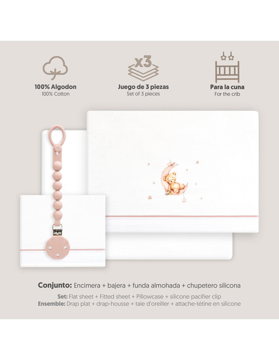 SET DE  SABANAS CUNA+CHUPETERO OSO LUNA INTERBABY — BLANCO/AZUL