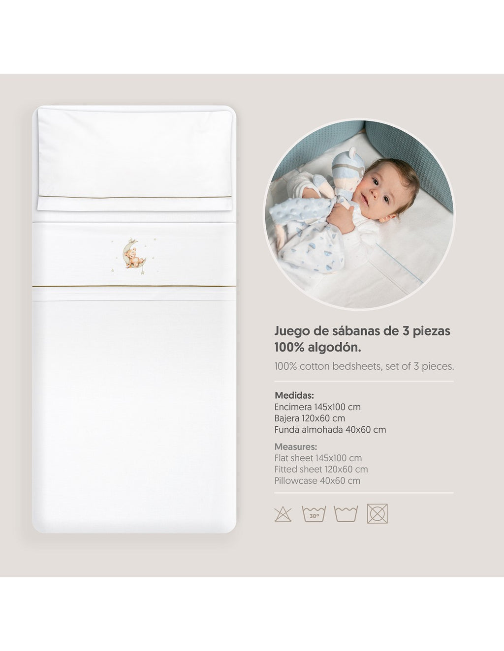 SET DE  SABANAS CUNA+CHUPETERO OSO LUNA INTERBABY — BLANCO/AZUL