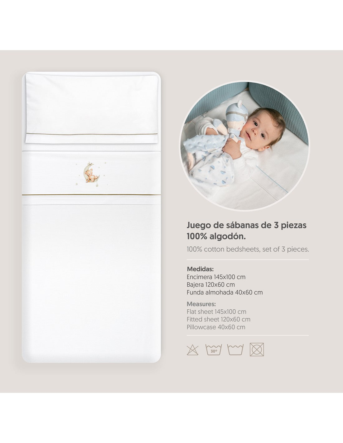SET DE  SABANAS CUNA+CHUPETERO OSO LUNA INTERBABY — BLANCO/AZUL